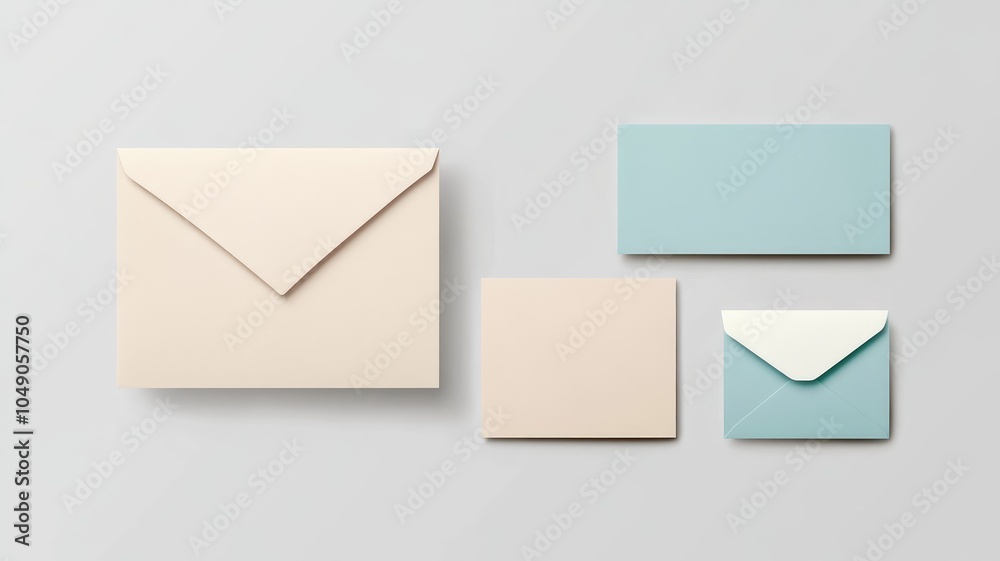 Set of four blank envelopes in beige and blue on light background Set of four blank envelopes in beige and blue on light background