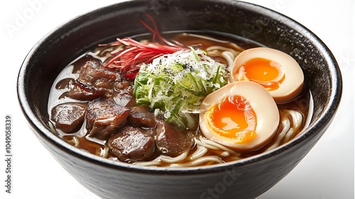 A bowl of steaming ramen with meat, noodles, eggs, and green onions.