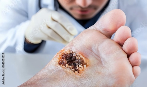 Close-up of a diabetic foot with a skin ulcer. In the background, a doctor's gloved hand examines the wound.
