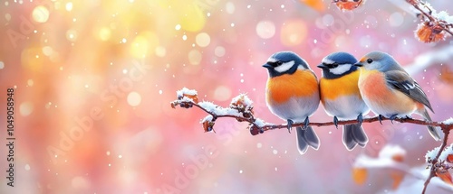  Two birds perch on a snow-free branch Behind them, a branch bears snow and the background is slightly blurred photo