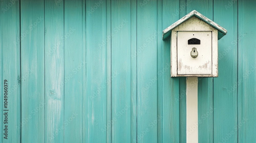 Small white mailbox on turquoise wooden wall background Small white mailbox on turquoise wooden wall background