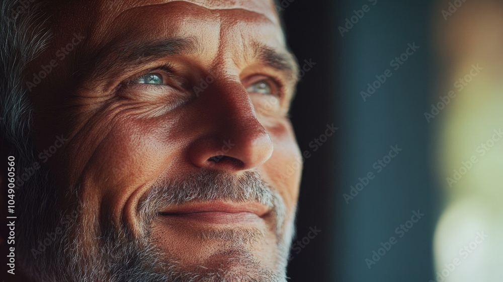 Fototapeta premium Man with a beard and gray hair is smiling. He has a blue eye. The man is looking out the window