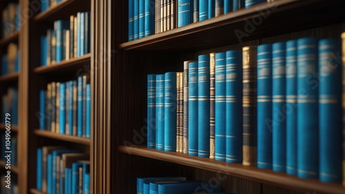 Shelves filled with neatly arranged blue books in library photo