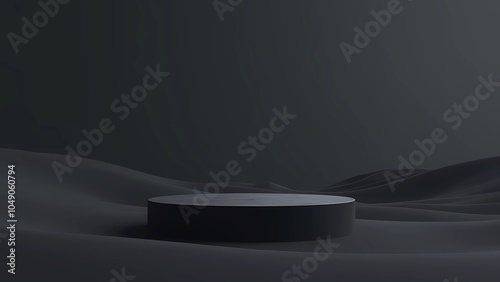 A black podium in the center of a black desert landscape . Minimalist style. Demonstration of goods and services