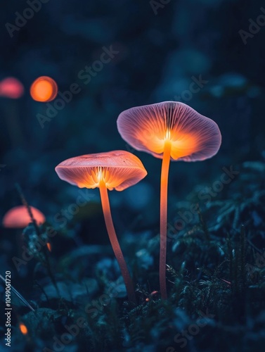 Enchanting Glow: Vibrant Mushrooms in a Nighttime Forest