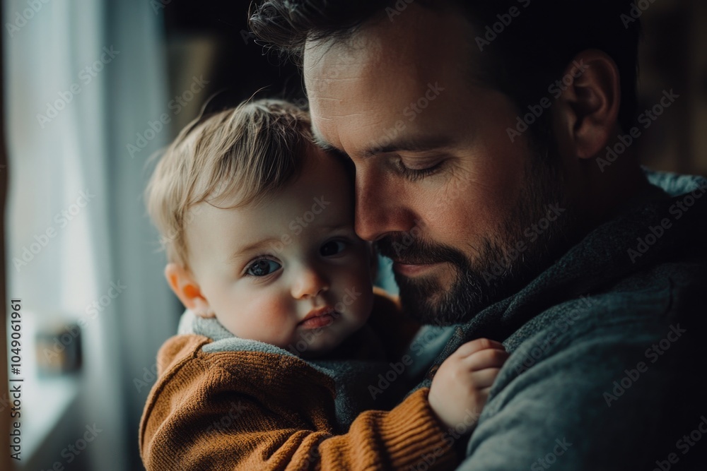 Man is holding a baby in his arms. The baby is wearing a brown sweater. The man is looking at the baby with a smile on his face. Scene is warm and loving Man is holding a baby in his arms. The baby is wearing a brown sweater. The man is looking at the baby with a smile on his face. Scene is warm and loving
