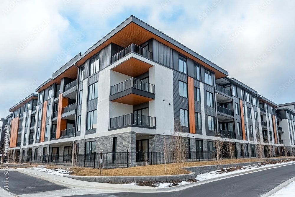 Exterior view of modern apartment building. New construction apartment or condo complex. Modern new residential apartment house building complex generative ai Exterior view of modern apartment building. New construction apartment or condo complex. Modern new residential apartment house building complex generative ai