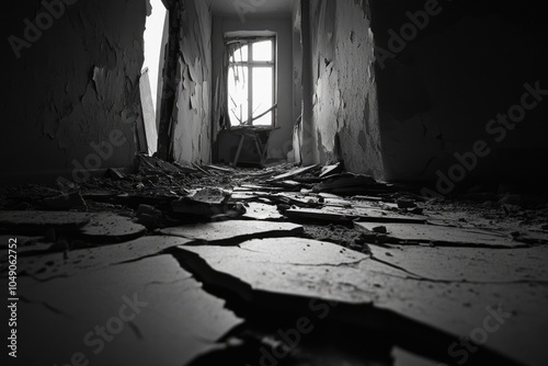 Dark room with a window and a chair. The room is in a state of disrepair and has a sense of abandonment photo