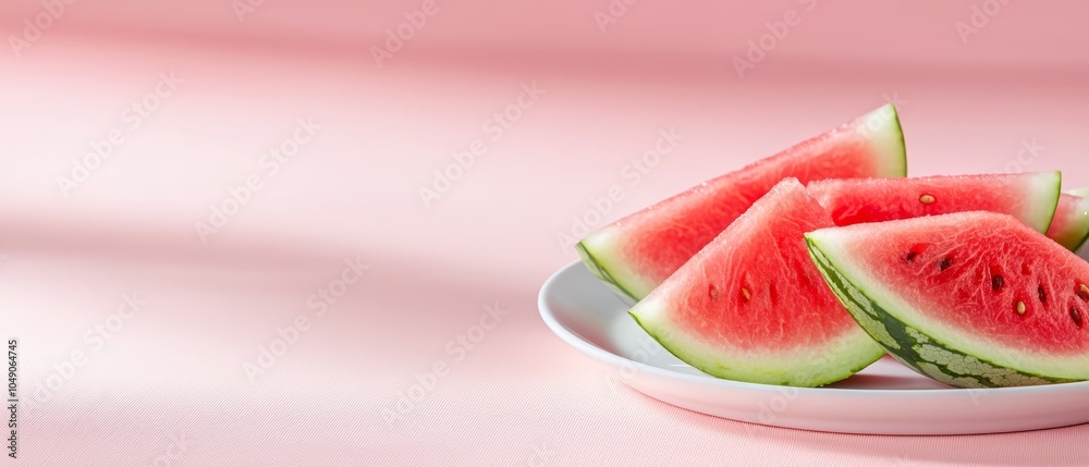 Watermelon slices in a white bowl against a pink background; a single watermelon slice, pink, occupying the bowl's center, surrounded by lighter pink surface Watermelon slices in a white bowl against a pink background; a single watermelon slice, pink, occupying the bowl's center, surrounded by lighter pink surface