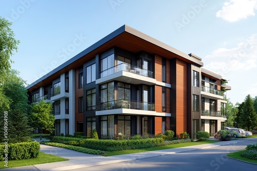 Exterior view of modern apartment building. New construction apartment or condo complex. Modern new residential apartment house building complex generative ai