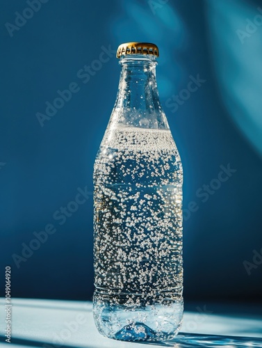 Bottle of sparkling water is sitting on a table. The bottle is clear and has a cap on top. The water inside the bottle is bubbly and has a refreshing taste. Concept of relaxation and enjoyment