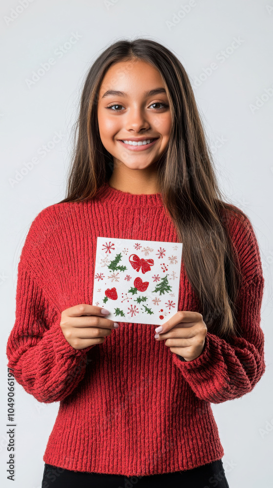Young woman holding a holiday greeting card for christmas design and inspiration Young woman holding a holiday greeting card for christmas design and inspiration