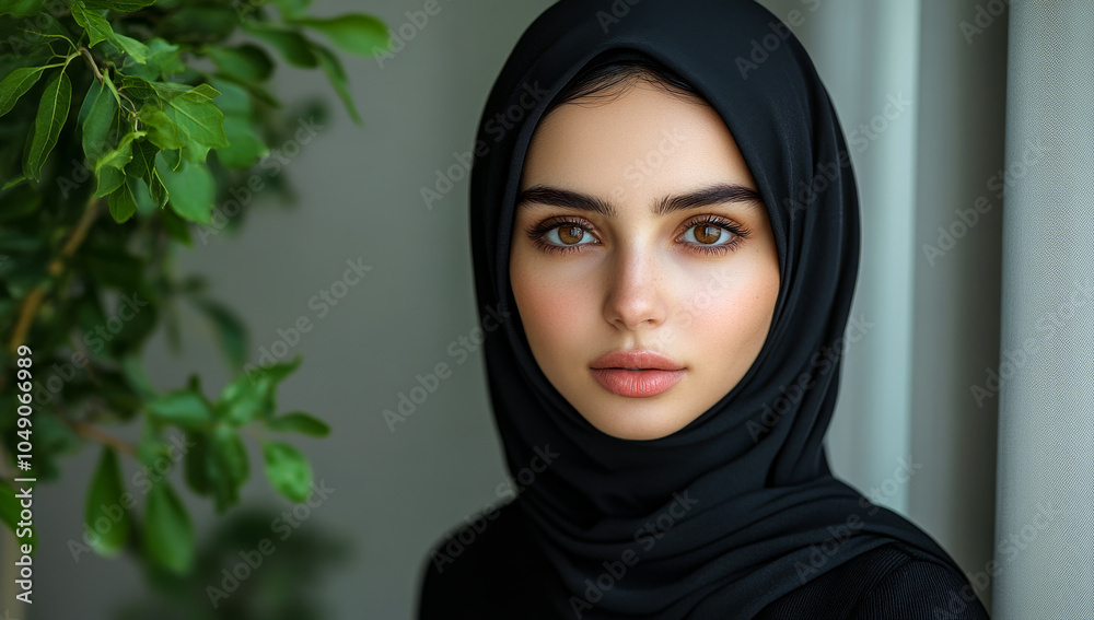 A woman wearing a black head scarf stands in front of a green plant. She has brown eyes and a smile on her face A woman wearing a black head scarf stands in front of a green plant. She has brown eyes and a smile on her face