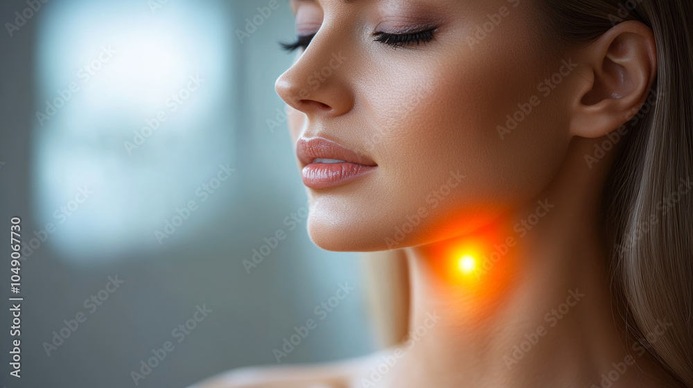 A woman with a red mark on her neck. The neck is red and the woman is looking at the camera