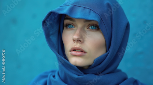 A beautiful young woman wearing a blue headscarf and posing in front of a blue background. Blue eyes and a fair complexion. photo