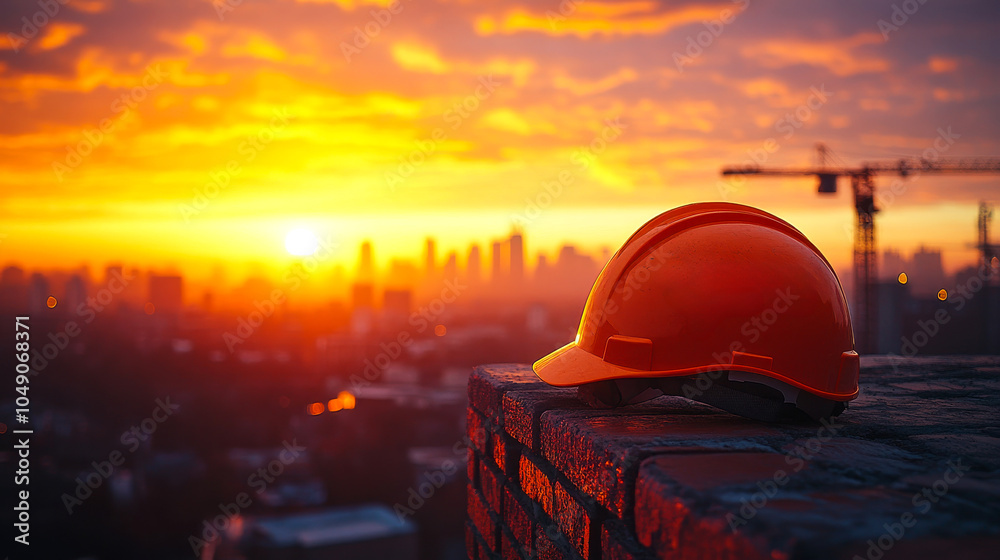 A construction worker's hard hat is sitting on a brick wall in front of a city skyline. The sun is setting, casting a warm glow over the scene. Concept of hard work and dedication A construction worker's hard hat is sitting on a brick wall in front of a city skyline. The sun is setting, casting a warm glow over the scene. Concept of hard work and dedication