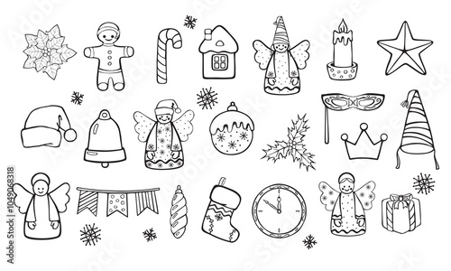 A large set of  cartoon New Year and Christmas symbols and objects.  Hand drown arvector line drawings of toys isolated on white background.