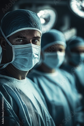 Group of surgeons wearing blue scrubs and masks stand together. Concept of professionalism and teamwork among the medical staff