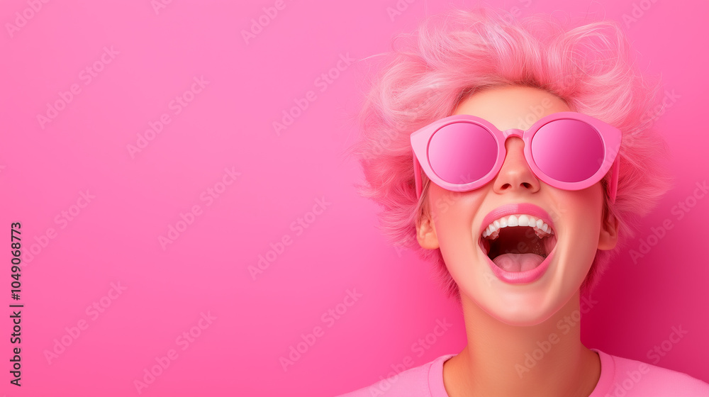 Woman with pink hair and big pink sunglasses smiles against a vibrant pink background Woman with pink hair and big pink sunglasses smiles against a vibrant pink background