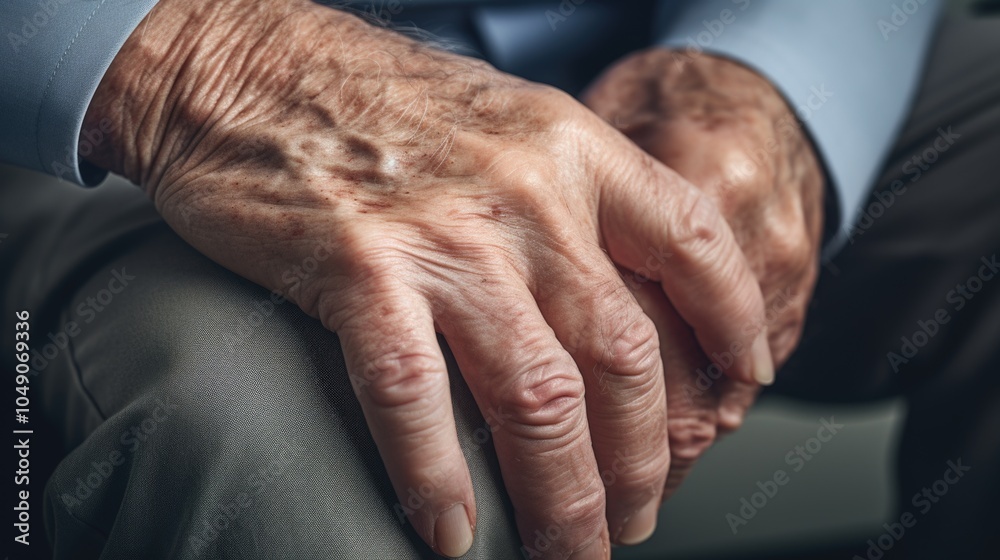 Fototapeta premium Man with wrinkled hands is sitting on a chair. Concept of aging and vulnerability