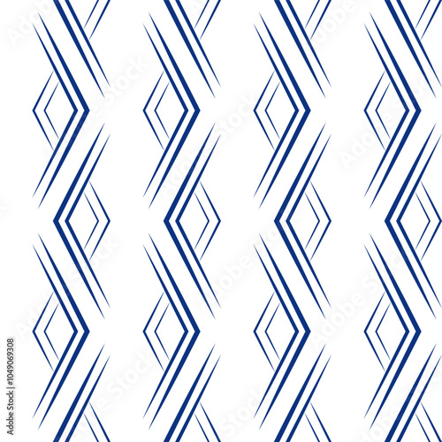 Seamless geometric pattern. Blue rhombuses on white background. Vector decorative vertical ornament of triangles. Strict monochrome linear design. Mosaic tile background for wallpaper, textile, etc.