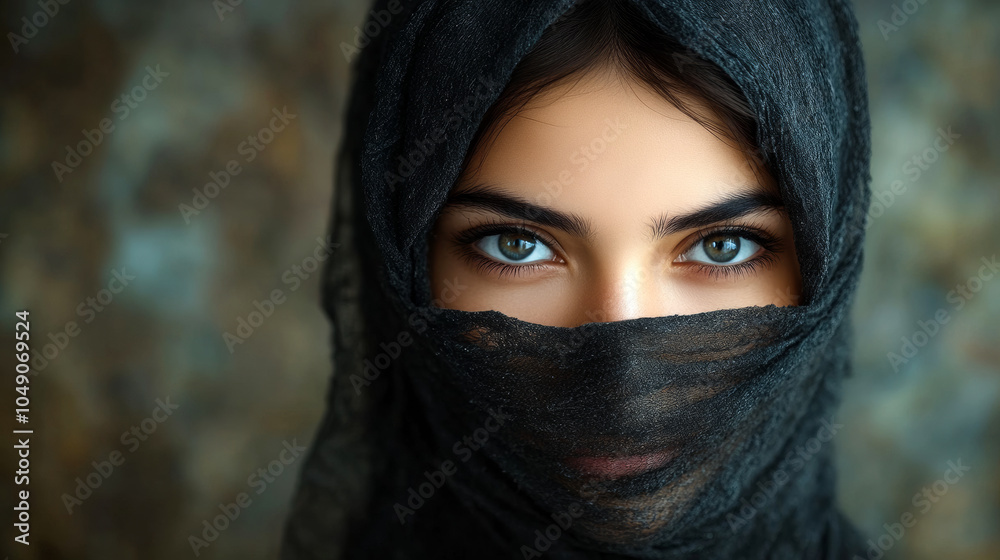 A woman with a black scarf covering her face. The scarf is black and has a shiny texture A woman with a black scarf covering her face. The scarf is black and has a shiny texture