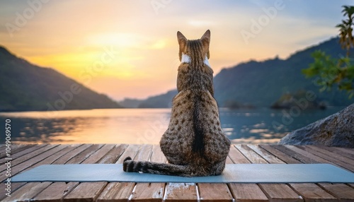  tranquil cat sits calmly on a wooden deck, admiring a beautiful sunset over tropical waters with mountains in the distance, embodying peace, relaxation, and the serenity of nature in a Thailand parad
