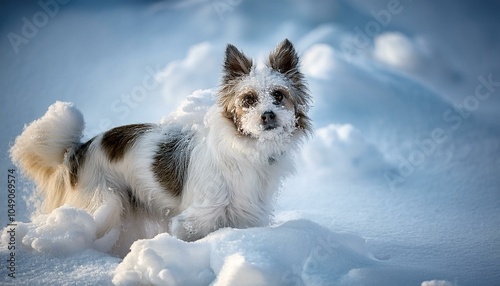 Close-up of a playful dog with its head peeking out of deep snow, covered in snowflakes on face, ears, and fur. , enjoying winter outdoors, with joyful expression and snow on its fur and ears