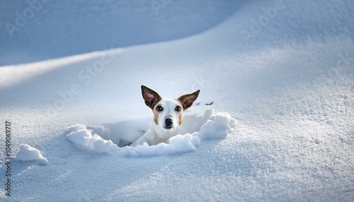 Close-up of a playful dog with its head peeking out of deep snow, covered in snowflakes on face, ears, and fur. , enjoying winter outdoors, with joyful expression and snow on its fur and ears