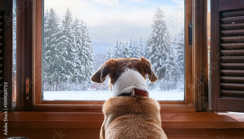 Adorable dog with a heartwarming expression peeking through a frosted window on a snowy day, surrounded by holiday decor and snowflakes, creating a cozy and nostalgic winter scene perfect for seasonal