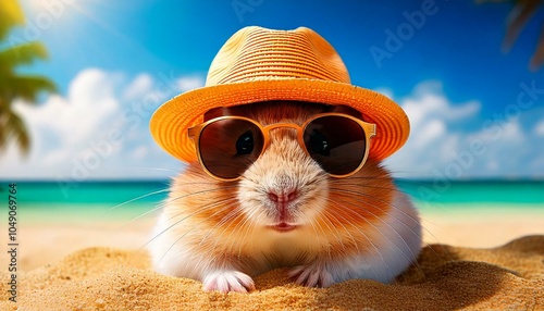 Charming close-up of a cute hamster wearing a straw hat and sunglasses on a sandy beach under a sunny sky, with the turquoise ocean and distant clouds creating a warm, vacation feel; ideal for summer.