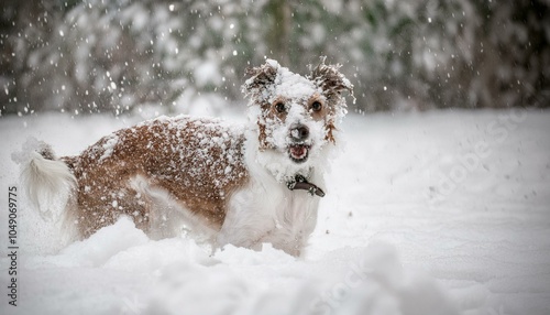Close-up of a playful dog with its head peeking out of deep snow, covered in snowflakes on face, ears, and fur. , enjoying winter outdoors, with joyful expression and snow on its fur and ears