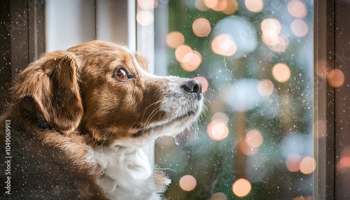 Adorable dog with a heartwarming expression peeking through a frosted window on a snowy day, surrounded by holiday decor and snowflakes, creating a cozy and nostalgic winter scene perfect for seasonal