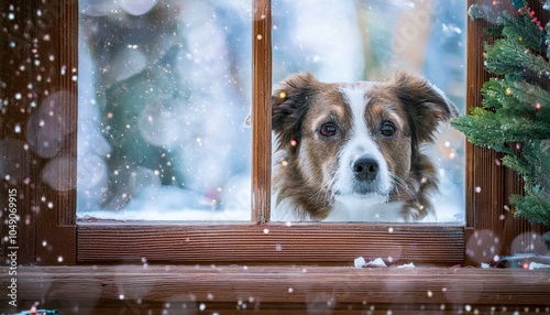 Adorable dog with a heartwarming expression peeking through a frosted window on a snowy day, surrounded by holiday decor and snowflakes, creating a cozy and nostalgic winter scene perfect for seasonal