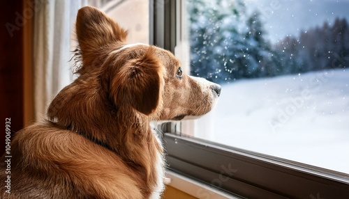 Adorable dog with a heartwarming expression peeking through a frosted window on a snowy day, surrounded by holiday decor and snowflakes, creating a cozy and nostalgic winter scene perfect for seasonal