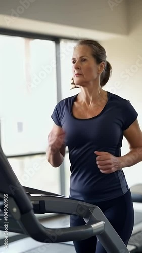 Senior woman exercising on a treadmill in a bright gym during afternoon workouts