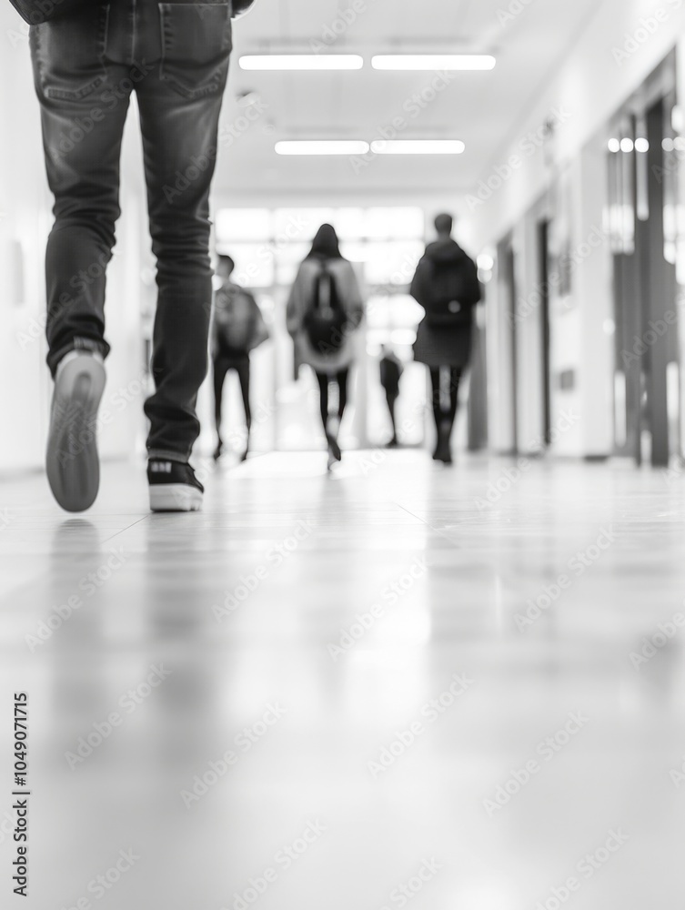 Group of people walking down a hallway. The image is in black and white. Scene is somewhat somber, as the people are walking in a hallway, which can be seen as a symbol of confinement or restriction Group of people walking down a hallway. The image is in black and white. Scene is somewhat somber, as the people are walking in a hallway, which can be seen as a symbol of confinement or restriction