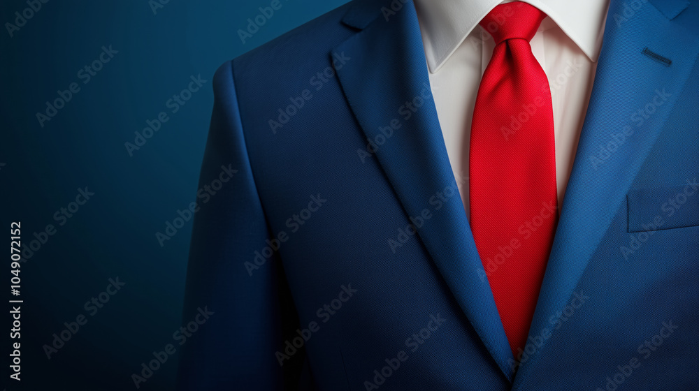 The focus is on a stylish blue suit jacket and a striking red tie, symbolizing modern men's fashion