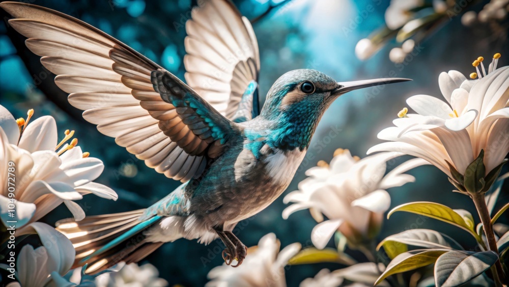 Obraz premium Beautiful hummingbird with iridescent turquoise and gray feathers hovers near white flowers with its wings spread open in a natural setting