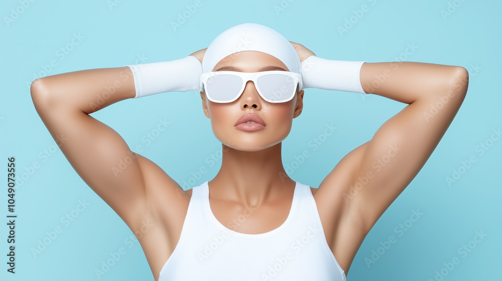 Fototapeta premium Fashionable model in white athletic wear poses confidently against a light blue backdrop