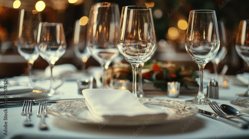 Table with a white napkin and a silverware set. The table is set for a fancy dinner Table with a white napkin and a silverware set. The table is set for a fancy dinner