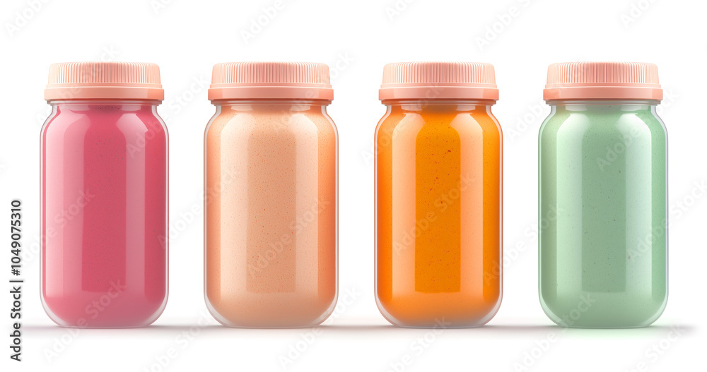 Colorful jars filled with vibrant paint in shades of pink, orange, and green on a white background Colorful jars filled with vibrant paint in shades of pink, orange, and green on a white background