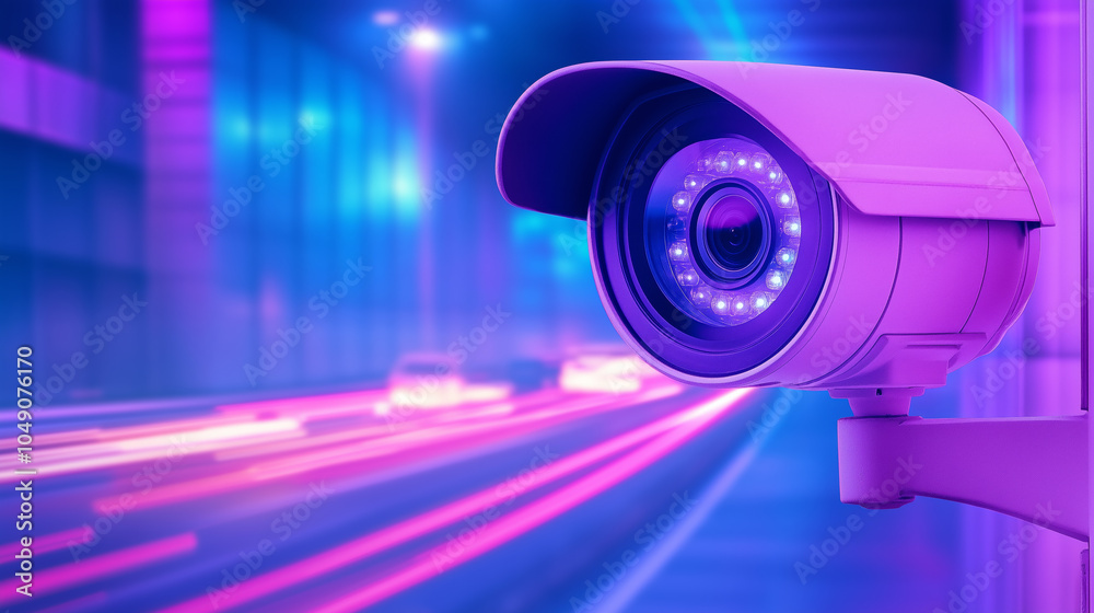 A high-tech security camera captures vibrant light trails on a bustling urban street at night A high-tech security camera captures vibrant light trails on a bustling urban street at night