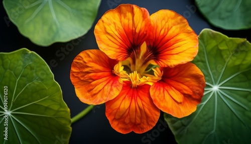 A vibrant orange flower blooms.