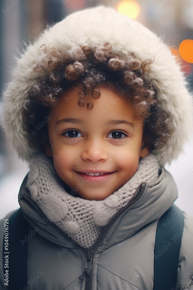 Young child with curly hair is wearing a white hat and a grey coat. The child is smiling and looking at the camera Young child with curly hair is wearing a white hat and a grey coat. The child is smiling and looking at the camera