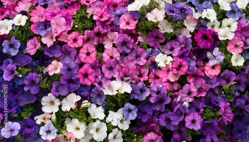 A vibrant mix of purple, pink, and white flowers.