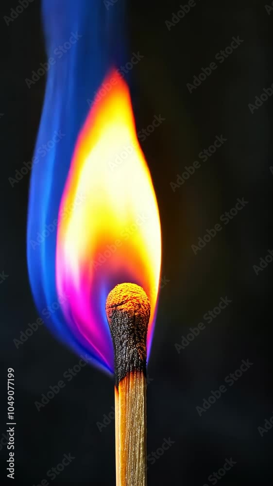 burning matchstick with vibrant colored flame on black background burning matchstick with vibrant colored flame on black background
