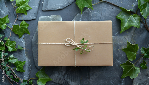 A brown kraft paper gift box with green leaves and twine on a gray stone background. Eco-friendly packaging photo