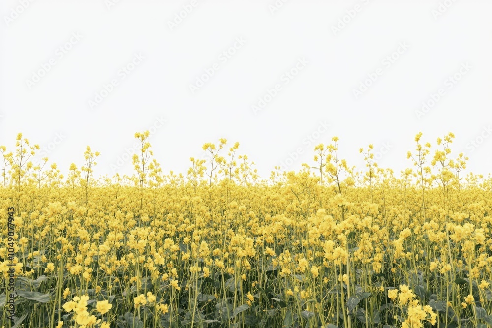 Obraz premium Field of yellow flowers with a white background. The field is full of flowers and the sun is shining brightly