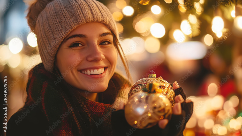 Naklejka premium Young woman enjoying holiday season with handcrafted christmas ornament for seasonal cheer